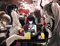 Rule 34 | 5girls, aegir (azur lane), alternate costume, animal ear fluff, animal ears, august von parseval (azur lane), azur lane, backless dress, backless outfit, bare back, belt, black belt, black choker, black dress, black footwear, black hair, black horns, black shorts, boots, breasts, bremerton (azur lane), brown hair, choker, cocktail glass, cup, curled horns, demon horns, dmno#0, dress, drinking glass, horns, jean bart (azur lane), jewelry, large breasts, long hair, looking at viewer, magatama, magatama necklace, medium breasts, midriff, multicolored hair, multiple girls, musashi (azur lane), necklace, ponytail, purple eyes, red hair, shorts, strapless, strapless dress, streaked hair, twintails, two-tone hair, white dress