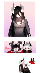 Rule 34 | 1girl, 2boys, 3koma, :/, :d, ?, ^^^, ^ ^, ahoge, arukiyuusei, black eyes, black hair, blush, breasts, cleavage, cleavage cutout, closed eyes, closed mouth, clothing cutout, colored skin, comic, demon horns, demon wings, eighth note, etihw, flying sweatdrops, full-face blush, funamusea, grey sweater, haiiro teien, hair between eyes, heart, highres, horns, kcalb, large breasts, long hair, meme attire, multiple boys, musical note, nose blush, open-chest sweater, open mouth, profile, ribbed sweater, satanick, sharp teeth, smile, spoken musical note, spoken question mark, sweater, teeth, turtleneck, turtleneck sweater, very long hair, white hair, white skin, wings