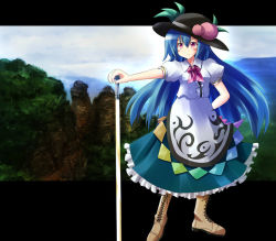 Rule 34 | 1girl, blue hair, boots, cross-laced footwear, female focus, hands on hilt, hat, hinanawi tenshi, lace-up boots, letterboxed, long hair, red eyes, solo, standing, sword, sword of hisou, touhou, weapon