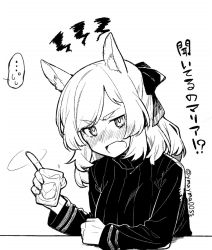 Rule 34 | ..., 1girl, alcohol, animal ear fluff, animal ears, arknights, blush, bow, commentary request, cup, drunk, greyscale, hair bow, holding, holding cup, horse ears, index finger raised, long hair, monochrome, motion lines, open mouth, ribbed sweater, solo, spoken ellipsis, sweater, thick eyebrows, translation request, upper body, v-shaped eyebrows, whislash (arknights), yom (ymayma00ss)
