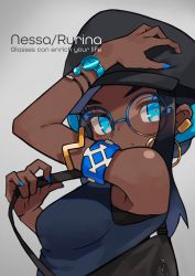 Rule 34 | 1girl, absurdres, alternate costume, arm up, armlet, armpits, bag, bare shoulders, bespectacled, black hair, black hat, blue eyes, blue hair, blue nails, blush, breasts, cabbie hat, casual, character name, closed mouth, creatures (company), dark-skinned female, dark skin, earrings, english text, from side, game freak, glasses, grey background, hand on headwear, hat, highres, hoop earrings, jewelry, katsu (katsupainter), long hair, looking at viewer, looking to the side, medium breasts, multicolored hair, nail polish, nessa (pokemon), nintendo, pokemon, pokemon: twilight wings, pokemon swsh, round eyewear, shoulder bag, sidelocks, simple background, sleeveless, solo, tank top, thick eyebrows, two-tone hair, upper body, watch, wristband, wristwatch