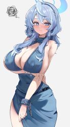 Rule 34 | 1girl, absurdres, ako (blue archive), ako (dress) (blue archive), backless dress, backless outfit, blue archive, blue dress, blue eyes, blue hair, blue halo, breasts, cleavage, covered erect nipples, cuffs, dress, halo, handcuffs, highres, huge breasts, jewelry, long hair, naseul 777, official alternate costume, plunging neckline, shackles, sideboob, sideless dress, single handcuff, sleeveless, sleeveless dress, solo