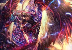 Rule 34 | 10s, 1boy, armor, armpits, blue feathers, bow, feathered wings, feathers, hair bow, holding, holding sword, holding weapon, looking at viewer, lucifer (shingeki no bahamut), male focus, pants, parted lips, red wings, shigaraki (strobe blue), shingeki no bahamut, silver hair, solo, sword, weapon, white wings, wings