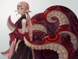Rule 34 | 1girl, black skirt, closed mouth, crop top, from side, green eyes, highres, long hair, looking at viewer, looking to the side, low twintails, monster girl, original, pink hair, pointy ears, ruteko (ruko220), scylla, simple background, skirt, solo, suction cups, tentacles, twintails, very long hair, white background