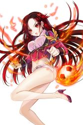 Rule 34 | 1girl, ball, choker, earrings, fire, hair ornament, highres, jewelry, long hair, looking at viewer, nail polish, official art, open mouth, pink footwear, ratise, red eyes, red hair, red nails, sharr (soccer spirits), soccer ball, soccer spirits, solo, transparent background, underwear