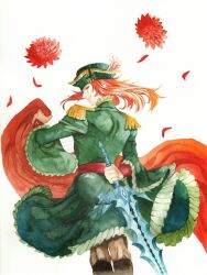 Rule 34 | 1boy, arm behind back, epaulettes, fire emblem, fire emblem: the sacred stones, flower, from behind, green headwear, green skirt, ha (nhgch87), hat feather, highres, holding, holding sword, holding weapon, joshua (fire emblem), long hair, looking at viewer, male focus, nintendo, petals, red eyes, red flower, red hair, skirt, smile, solo, standing, sword, weapon, white background, wide sleeves