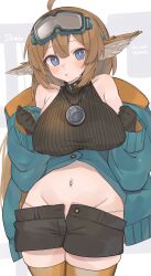 Rule 34 | 1girl, absurdres, aciddrop (afternoon teatime) (arknights), aciddrop (arknights), ahoge, arknights, black gloves, black shirt, black shorts, blue eyes, blue jacket, blush, breasts, brown hair, chunta, clenched hands, commentary, commission, covered erect nipples, cowboy shot, cropped shirt, english commentary, gloves, goggles, goggles on head, grey background, groin, head wings, highres, jacket, jewelry, large breasts, looking at viewer, medallion, medium hair, midriff, navel, necklace, open fly, orange thighhighs, panties, panty peek, parted lips, ribbed shirt, sagging breasts, shirt, short shorts, shorts, simple background, skeb commission, skindentation, sleeveless, sleeveless shirt, solo, standing, sweatdrop, thighhighs, thighs, two-sided fabric, two-sided jacket, underwear, white background, white panties, wings, zettai ryouiki