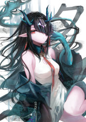 Rule 34 | 1girl, arknights, bare shoulders, black collar, black hair, black jacket, breasts, character name, china dress, chinese clothes, collar, colored skin, dragon girl, dragon horns, dragon tail, dress, dusk (arknights), earrings, green hair, green skin, hair over one eye, hand up, hemorina, highres, horns, ink wash painting, jacket, jewelry, long bangs, medium breasts, multicolored hair, necktie, off shoulder, pointy ears, red eyes, red necktie, sitting, sleeveless, sleeveless dress, solo, streaked hair, tail, tassel, tassel earrings, thighs, white dress