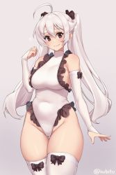 Rule 34 | 1girl, ahoge, bare shoulders, black bow, blush, bow, bow legwear, breasts, bridal gauntlets, brown hair, closed mouth, commentary, covered navel, cowboy shot, english commentary, grey background, hair between eyes, heart, highres, iwbitu, large breasts, long hair, looking at viewer, nyopu, original, simple background, solo, thighhighs, twintails, white thighhighs