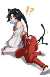 Rule 34 | !?, 1boy, agetapan ll, animal ears, arm support, armpit crease, black hair, blush, bow, cat ears, cat tail, clothing cutout, fish, full body, groin, hakama, hakama pants, hands on ground, highres, hip vent, houjou tokiyuki (nige jouzu no wakagimi), japanese clothes, kariginu, knee up, long hair, long sleeves, looking at viewer, looking back, low-cut armhole, low-tied long hair, male focus, motion lines, motoyui, mouth hold, nige jouzu no wakagimi, pants, parted bangs, ponytail, purple eyes, raised eyebrow, red hakama, red sash, ribbon-trimmed sleeves, ribbon trim, sash, shadow, shoulder cutout, sidelocks tied back, simple background, solo, sweatdrop, tabi, tail, very long hair, white background, wide sleeves