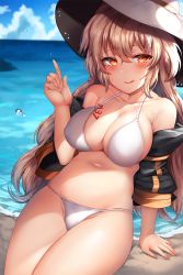 Rule 34 | 1girl, :q, arm support, bad id, bad twitter id, bare shoulders, bikini, blue sky, blush, body writing, breasts, brown hair, character name, cleavage, closed mouth, cloud, collarbone, covered erect nipples, day, girls&#039; frontline, groin, hair between eyes, hat, head tilt, highres, index finger raised, jacket, large breasts, long hair, looking at viewer, m37 (girls&#039; frontline), m37 (summer parader) (girls&#039; frontline), navel, ocean, official alternate costume, open clothes, open jacket, orange eyes, outdoors, sand, sidelocks, sitting, sky, smile, solo, stomach, sun hat, sweat, swimsuit, tongue, tongue out, very long hair, water drop, waves, white bikini, zerocat