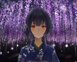 Rule 34 | 1girl, black hair, blue kimono, blush, chan1moon, commentary request, face, floral print, flower, hair flower, hair ornament, highres, idolmaster, idolmaster shiny colors, japanese clothes, kimono, looking at viewer, morino rinze, orange eyes, red eyes, short hair, smile, solo