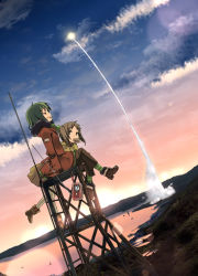 Rule 34 | 2girls, boots, cloud, contrail, doughnut, dress, dutch angle, closed eyes, food, ladder, lake, missile, mouth hold, multiple girls, original, radio, refeia, scenery, sitting, sky, smile, smoke, sunset, water