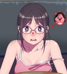 Rule 34 | 1girl, andrian januar adilia, armpits, black eyes, blush, breasts, bright pupils, brown hair, buck teeth, cleavage, collarbone, glasses, highres, loose clothes, loose shirt, medium breasts, meme, messy hair, open mouth, original, parted bangs, photo-referenced, photo inset, pink shirt, shirt, sidelocks, solo, strap slip, stuffed animal, stuffed toy, teeth, white pupils