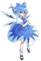 Rule 34 | &gt;:), 1girl, aqua eyes, blue bow, blue dress, blue eyes, blue hair, blue theme, bow, brown footwear, cirno, commentary request, crossed arms, dress, frilled socks, frills, full body, hair bow, ice, ice wings, looking at viewer, manarou, mary janes, neck ribbon, puffy short sleeves, puffy sleeves, red ribbon, ribbon, shoes, short hair, short sleeves, simple background, socks, solo, touhou, v-shaped eyebrows, white background, white socks, wings