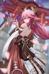 Rule 34 | 1girl, absurdres, animal ears, bare back, bare shoulders, blush, commentary, cowboy shot, detached sleeves, ejpytr, fox ears, genshin impact, grin, highres, long hair, long sleeves, looking at viewer, nontraditional miko, outdoors, petals, pink hair, purple eyes, red skirt, skirt, smile, solo, standing, tree, very long hair, yae miko