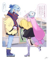Rule 34 | ..., 1boy, 1girl, 217 shion 407, aqua hair, blonde hair, blush, boots, bow-shaped hair, creatures (company), dated, from side, game freak, grey pantyhose, grin, grusha (pokemon), hand in pocket, highres, iono (pokemon), jacket, japanese text, long hair, long sleeves, multicolored hair, nintendo, pants, pantyhose, pink hair, pokemon, pokemon sv, profile, scarf, signature, single leg pantyhose, sleeves past fingers, sleeves past wrists, smile, spoken ellipsis, standing, standing on one leg, sweat, translation request, two-tone scarf, very long hair
