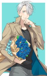 Rule 34 | 10s, 1boy, 92 (artist), blue eyes, blue rose, bouquet, coat, flower, highres, male focus, rose, silver hair, smile, solo, twitter username, viktor nikiforov, yuri!!! on ice