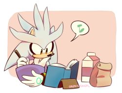 Rule 34 | 1boy, animal nose, artist name, book, cooking, furry, furry male, gloves, male focus, milk, musical note, open book, orange eyes, orphisterical, reading, sack, silver the hedgehog, solo, sonic (series), spoken musical note, upper body, white gloves