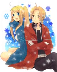 Rule 34 | 00s, 1boy, 1girl, back-to-back, bad id, bad pixiv id, blonde hair, blue eyes, coat, couple, crossed arms, edward elric, fullmetal alchemist, heart, heart of string, hetero, long hair, open mouth, pocky1202, ponytail, sitting, smile, winry rockbell, yellow eyes
