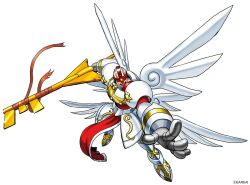 Rule 34 | 1boy, angel, armor, bandai, clavisangemon, copyright name, digimon, digimon (creature), flying, full armor, full body, helmet, holding, holding weapon, looking to the side, multiple wings, no humans, official art, simple background, solo, weapon, white background, wings