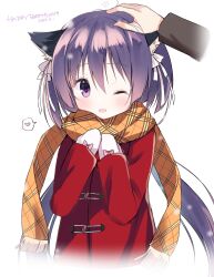 Rule 34 | 1girl, 2023, animal ear fluff, animal ears, blunt ends, blush, bow, brown scarf, casual, coat, commentary request, dated, eyelashes, fringe trim, gloves, hair between eyes, hair ribbon, hands up, happy, happy birthday, headpat, heart, highres, himeguri taruhi, long hair, long sleeves, looking at viewer, low twintails, one eye closed, open mouth, own hands together, pink bow, plaid, plaid scarf, purple eyes, purple hair, red coat, ribbon, scarf, simple background, smile, solo, spoken heart, takepoison, twintails, upper body, very long hair, white background, white gloves, white ribbon, yuki koi melt