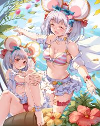 Rule 34 | 1girl, animal ears, anklet, bare shoulders, barefoot, bikini, blush, breasts, cameltoe, cleavage, closed eyes, collarbone, feet, flower, granblue fantasy, hairband, jewelry, leaf, looking at viewer, medium breasts, miazi, multiple views, navel, open mouth, outdoors, outstretched arms, own hands together, red eyes, scrunchie, short hair, skirt, smile, standing, star-shaped eyewear, star (symbol), striped bikini, striped clothes, swimsuit, thigh strap, thighs, vikala (blooming summer wallflower) (granblue fantasy), vikala (granblue fantasy), white hair, white skirt, wrist scrunchie