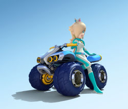 Rule 34 | 1girl, 3d, absurdres, atv, biker clothes, biker rosalina, bikesuit, blonde hair, bodysuit, boots, crown, earrings, hair over one eye, highres, jewelry, leaning back, lips, long hair, mario (series), mario kart, mario kart 8, mario kart wii, motor vehicle, nintendo, official art, quad, rosalina, solo, super mario galaxy, vehicle