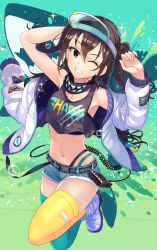 Rule 34 | 1girl, arms up, ashita (2010), asymmetrical legwear, bandana, belt, black eyes, black shirt, boots, breasts, brown hair, buckle, cleavage, clothes writing, coat, commentary request, crop top, denim, denim shorts, earrings, full body, highres, idolmaster, idolmaster cinderella girls, jewelry, long hair, looking at viewer, mismatched legwear, navel, one eye closed, open clothes, open coat, open mouth, shark, sharp teeth, shirt, shorts, snap-fit buckle, solo, sparkle, strapless, sunazuka akira, teeth, thighhighs, torn clothes, torn thighhighs, tube top, two side up, visor cap, water drop