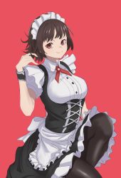 Rule 34 | 1girl, alternate costume, apron, black dress, black pantyhose, breasts, brown hair, buttons, closed mouth, commentary request, corset, dress, enmaided, frilled dress, frills, highres, looking at viewer, maid, maid headdress, medium breasts, mobchara11, niijima makoto, pantyhose, persona, persona 5, puffy short sleeves, puffy sleeves, red background, red eyes, short hair, short sleeves, simple background, smile, solo, two-tone dress, waist apron, white apron, white dress
