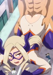 1girl ass blonde_hair blush bodysuit boku_no_hero_academia breasts doggystyle domino_mask giant giant_male giantess hara_(harayutaka) highres horns long_hair mask mature_female mount_lady multiple_boys open_mouth pussy_juice red_eyes sex sex_from_behind size_difference superhero_costume torn_clothes