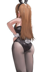 Rule 34 | 1girl, absurdres, animal ears, ass, back, back focus, black leotard, black pantyhose, blush, breasts, brown hair, cowboy shot, detached collar, fake animal ears, fake tail, from behind, highres, idolmaster, idolmaster (classic), idolmaster million live!, idolmaster million live! theater days, leotard, long hair, medium breasts, minase iori, pantyhose, pdal (pdalhhh), playboy bunny, rabbit ears, rabbit tail, simple background, straight hair, strapless, strapless leotard, tail, very long hair, white background, wrist cuffs