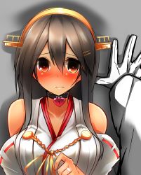Rule 34 | 10s, 1girl, 3:, admiral (kancolle), against wall, bad id, bad nicoseiga id, bare shoulders, blush, breasts, brown hair, choker, detached sleeves, full-face blush, gloves, hair ornament, hairband, hairclip, haruna (kancolle), heart, heart-shaped lock, heart-shaped pupils, highres, jewelry, kabedon, kantai collection, large breasts, looking at viewer, military, military uniform, naval uniform, nontraditional miko, orange eyes, pov, ring, simple background, solo focus, sweat, symbol-shaped pupils, tsukui kachou, uniform, wedding band, white gloves