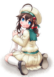 Rule 34 | 1girl, alternate hairstyle, blue eyes, braid, brown hair, cosplay, error musume, error musume (cosplay), girl beaten by a cat (kancolle), girl behind a cat (kancolle), girl holding a cat (kancolle), hair flaps, highres, kanon (kurogane knights), kantai collection, kneeling girl (kancolle), long hair, looking at viewer, shigure (kancolle), short twintails, simple background, solo, twintails