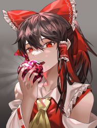 Rule 34 | 1girl, apple, ascot, bare shoulders, black hair, bow, collarbone, collared dress, commentary request, detached sleeves, dress, fingernails, food, frills, fruit, gradient background, grey background, hair between eyes, hair ornament, hair tubes, hakurei reimu, hand up, highres, light, long sleeves, looking at viewer, multicolored hair, nail polish, open mouth, pink nails, ponytail, red bow, red dress, red eyes, red hair, reki (user rcrd4534), short hair, solo, sparkle, teeth, tongue, touhou, two-tone hair, upper body, wide sleeves, yellow ascot