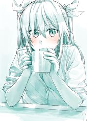Rule 34 | 1girl, blue theme, blush, bow, commentary request, cup, dress shirt, elbows on table, fang, fingernails, green theme, hair between eyes, hair bow, highres, holding, kantai collection, long hair, looking at viewer, monochrome, open mouth, shirt, sleeves rolled up, solo, spot color, tone (kancolle), twintails, upper body, yami (m31)
