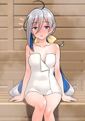 1girl absurdres ahoge bow breasts cleavage collarbone commentary_request furaggu_(frag_0416) grey_eyes grey_hair hair_between_eyes hair_bow highres kantai_collection kiyoshimo_(kancolle) legs long_hair looking_at_viewer low_twintails naked_towel sauna sitting solo thighs towel twintails variant_set wardrobe_malfunction wooden_wall yellow_bow