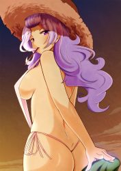 Rule 34 | 1girl, aged up, ass, bare shoulders, bikini, breasts, bulge, cloud, cloudy sky, demon89, erection, erection under clothes, food, from behind, hat, highres, large breasts, long hair, looking at viewer, looking back, mouth hold, pocky, purple eyes, purple hair, sannomiya shiho, side-tie bikini bottom, sideboob, sky, slingshot swimsuit, solo, strap gap, straw hat, swimsuit, thong, wavy hair, zettai karen children