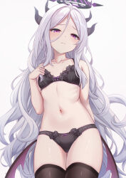 Rule 34 | 1girl, ahoge, alternate costume, bare shoulders, black bra, black panties, blue archive, blush, bow, bow bra, bow panties, bra, breasts, brown thighhighs, cowboy shot, demon horns, demon wings, forehead, furrowed brow, gluteal fold, grey background, grey hair, hair between eyes, hair ornament, hair ribbon, hairclip, halo, hand up, highres, hina (blue archive), holding, holding own hair, horns, long hair, looking at viewer, low wings, milkshakework, multiple horns, navel, panties, parted bangs, purple eyes, purple wings, revision, ribbon, simple background, small breasts, solo, stomach, thigh gap, thighhighs, underwear, underwear only, very long hair, wavy hair, white hair, wings