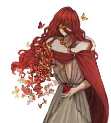 Rule 34 | 1girl, breasts, bug, butterfly, closed mouth, covered eyes, dress, elden ring, insect, long hair, malenia blade of miquella, malenia goddess of rot, noru0217, red hair, simple background, solo, very long hair