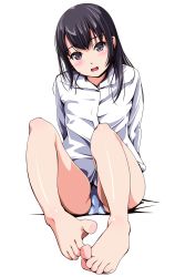 Rule 34 | 1girl, bad feet, barefoot, black eyes, black hair, blush, feet, foot focus, full body, highres, long hair, looking at viewer, matsunaga kouyou, open mouth, original, panties, shirt, simple background, solo, spread toes, striped clothes, striped panties, toes, underwear, white background