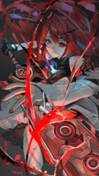 Rule 34 | 1girl, black gloves, blue fire, blue hair, colored inner hair, commentary, dress, elizabeth rose bloodflame, english commentary, expressionless, fire, gloves, grey background, highres, holding, holding sword, holding weapon, hololive, hololive english, kouhiipan, long hair, long sleeves, looking at viewer, multicolored hair, red eyes, red hair, simple background, single glove, solo, sword, thighhighs, virtual youtuber, weapon, white dress, white thighhighs