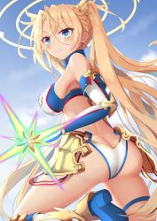 Rule 34 | 1girl, absurdres, armor, ass, back, bare shoulders, bikini, blonde hair, blue background, blue bikini, blue eyes, blush, boots, bradamante (fate), bradamante (third ascension) (fate), braid, breasts, crown braid, elbow gloves, energy barrier, energy shield, fate/grand order, fate (series), faulds, gloves, gradient background, hair between eyes, hair ornament, halo, highres, ka03, knee boots, large breasts, long hair, looking at viewer, looking back, smile, solo, swimsuit, thigh strap, thighs, twintails, two-tone bikini, very long hair, white bikini