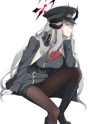 Rule 34 | 1girl, black coat, black footwear, black hat, black horns, black pantyhose, blue archive, boots, breasts, closed mouth, coat, demon horns, grey eyes, grey hair, halo, hat, highres, horns, knee boots, large breasts, long hair, long sleeves, makoto (blue archive), pantyhose, peaked cap, red halo, simple background, smile, solo, white background, yu-ta