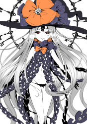 Rule 34 | 1girl, abigail williams (fate), abigail williams (third ascension) (fate), black bow, black gloves, black hat, black panties, black socks, bow, closed mouth, commentary request, elbow gloves, fate/grand order, fate (series), gloves, groin, hat, key, keyhole, kneehighs, kororiya, long hair, looking at viewer, lowleg, lowleg panties, navel, orange bow, outstretched arms, panties, parted bangs, polka dot, polka dot bow, red eyes, revealing clothes, silver hair, smile, socks, solo, topless, underwear, very long hair, white background, witch hat