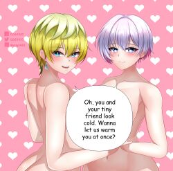 Rule 34 | 2girls, :3, absurdres, artist name, asymmetrical docking, blonde hair, blue eyes, breast contest, breast press, breasts, commentary, completely nude, d.d.g (ddg3420), earrings, english commentary, english text, goddess of victory: nikke, heart, highres, holding hands, izumo tenka, jewelry, large breasts, light blush, light smile, liliweiss (nikke), looking at viewer, looking back, looking to the side, mato seihei no slave, multiple girls, nipple-to-nipple, nude, open mouth, paizuri invitation, pink background, purple hair, self-upload, short hair, symmetrical docking, twitter username, yuri