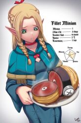 Rule 34 | 1girl, blonde hair, blue capelet, blue robe, bone, braid, caiman pool, capelet, choker, cowboy shot, despicable me, dungeon meshi, elf, english text, flat chest, goggles, green eyes, highres, holding, holding plate, ingredients, long hair, long sleeves, looking down, marcille donato, minion (despicable me), minions (movie), parted bangs, plate, pointy ears, pun, robe, simple background, solo, steam, twin braids, white background