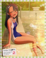 Rule 34 | 1girl, asymmetrical bangs, color halftone, competition swimsuit, copyright name, dark-skinned female, dark skin, evening, half-closed eyes, highres, ijiranaide nagatoro-san, looking at viewer, nagatoro hayase, official art, one-piece swimsuit, scan, sitting, soaking feet, swimsuit, torrent source