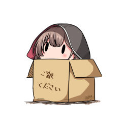 Rule 34 | 1girl, black capelet, box, braid, brown hair, capelet, cardboard box, dated, hatsuzuki 527, hood, hood up, hooded capelet, in box, in container, kantai collection, long hair, shinshuu maru (kancolle), simple background, solid oval eyes, solo, translation request, twin braids, twitter username, white background