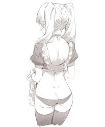 Rule 34 | 1girl, 2l (2lsize), apron, ass, blush, butt crack, choker, commentary request, cowboy shot, dimples of venus, facing away, frill trim, frills, from behind, greyscale, hidden face, highres, long hair, monochrome, original, simple background, solo, thighhighs, twintails, white background, wrist cuffs